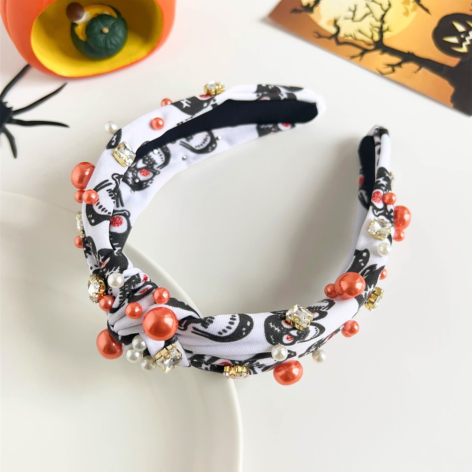Wholesale Halloween Dark Style Spider Web Skull Fashion New Knotted Wide-brimmed Pearl Headband